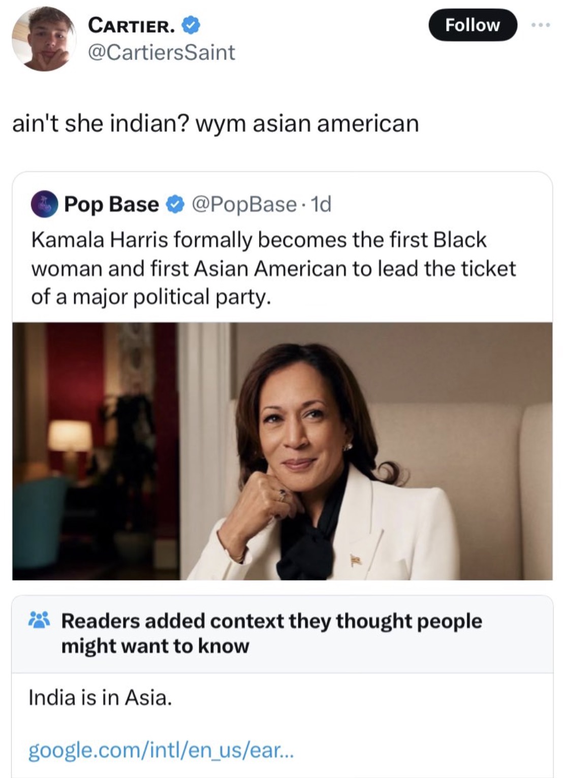 kamala harris - Cartier. ain't she indian? wym asian american Pop Base . 1d Kamala Harris formally becomes the first Black woman and first Asian American to lead the ticket of a major political party. Readers added context they thought people might want t